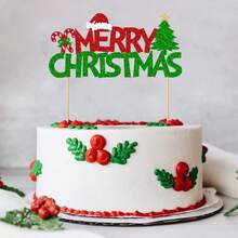 1Pc Merry Christmas Cake Topper Red And Green Glitter Cake Decorations Christmas Theme New Year Holiday Birthday Party Cake Decorations Supplies - Multicolor - View 1