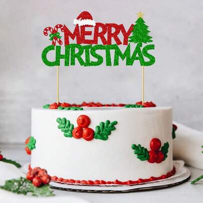 1 件圣诞快乐蛋糕装饰红绿闪光蛋糕装饰圣诞主题新年节日生日派对蛋糕装饰用品