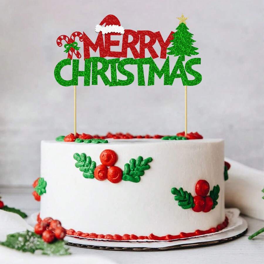 1Pc Merry Christmas Cake Topper Red And Green Glitter Cake Decorations Christmas Theme New Year Holiday Birthday Party Cake Decorations Supplies - Multicolor - View 1