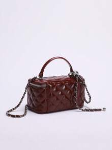 1pc Fashion PU Quilted Rhinestone Embroidery Box Bag, Zipper Small Square Bag, Women's Handbag With Chain Strap, Burgundy, Fashionable Burgundy Bag , Red Bag , Burgundy Bag - Burgundy - View 8