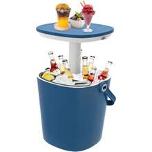 Mesa de bar enfriadora de hielo para patio, mesa lateral multifuncional para exteriores de 15 latas en negro con bandeja para aperitivos, abridor de botellas oculto y sujetadores de alimentos, ligera para uso en interiores/patio, campamento, borde de la piscina, fiesta - Azul - Ver 1