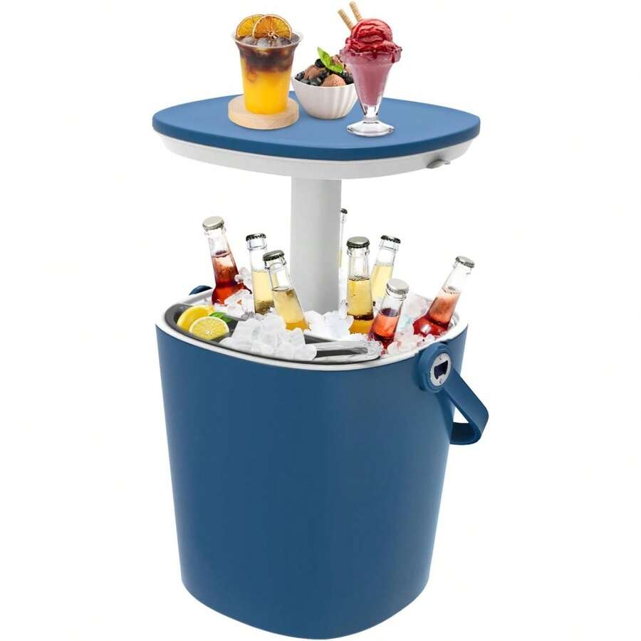 Mesa de bar enfriadora de hielo para patio, mesa lateral multifuncional para exteriores de 15 latas en negro con bandeja para aperitivos, abridor de botellas oculto y sujetadores de alimentos, ligera para uso en interiores/patio, campamento, borde de la piscina, fiesta - Azul - Ver 1