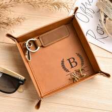 Personalized Leather Tray, Versatile Tray, Home Decor Souvenir, Anniversary Gift, Gift For Dad, Handmade Leather Anniversary Tray, Customized Tray For Dad, Father's Day Gift, Men's Gift, Personalized Leather Catchall Tray, Storage Desk Tray, Riveted Catchall Tray, Engraved With Initial - Multicolor - View 7