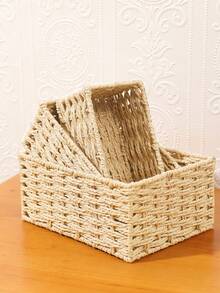1pc/3pcs Woven Storage Basket, Rattan Desk Organizer Tray For Cosmetics, Keys, Snacks, Home Decor, Bedroom, Living Room, Study, Office, Handmade Decorative Basket, Ideal Gift (Beige) - Beige - View 3