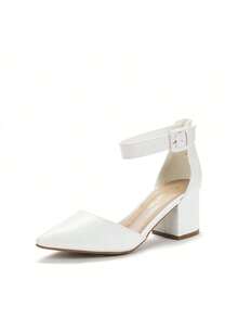 Women's Chunky Closed Toe Low Block Heels Dress Pointed Toe Ankle Strap Wedding Pump Shoes - 白色 - 查看 7