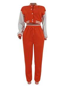 2pcs Women Casual Sports Style Patchwork Single-Breasted Baseball Jacket And Pants Set, Autumn/Winter