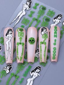 2 件 5D 浮雕发光骷髅万圣节指甲贴纸骷髅骨性感美女闪亮黑暗指甲贴花自粘浮雕美甲装饰配件适用于沙龙假日指甲 DIY 设计 - 彩色 - 查看 4