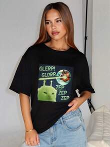 Camiseta de regalo con diseño gracioso de gato alienígena meme, camiseta "Brainrot" (pensamiento desenfocado), camisetas de memes de gatos tontos, camiseta estilo Y2K - Negro - Ver 4