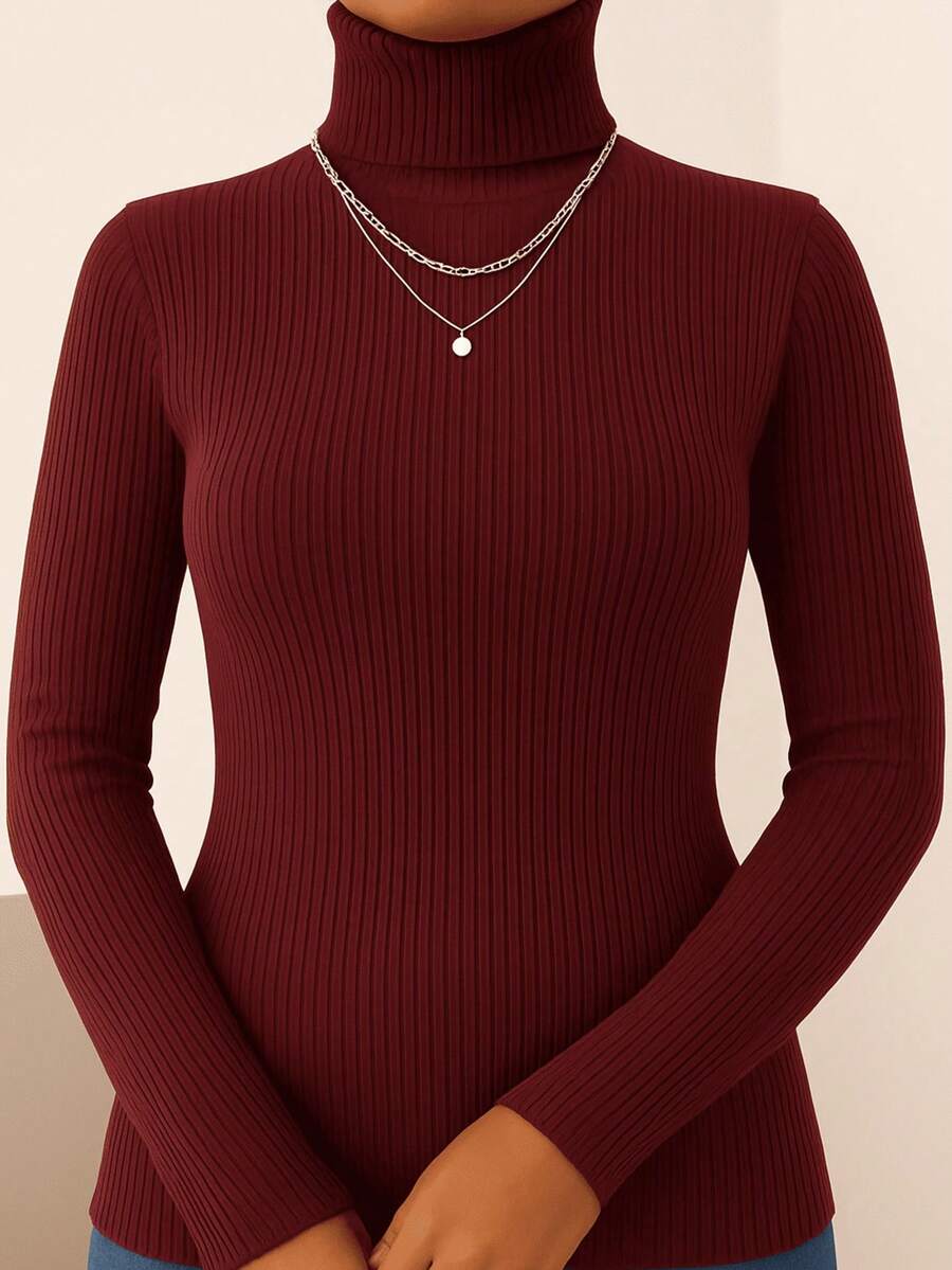 Women's Ribbed Knit Blouse, High Neck, Long Sleeve, Elegant, Simple, Knitted Polyester, Home, Beach, Daily - Burgundy - View 1