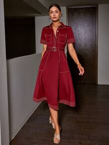 Sollinarry Vestido casual de manga corta con cuello de contraste, botones delanteros, bolsillos y cinturón, con estilo retro, para Navidad