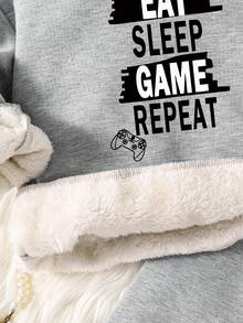 Young Boy Slogan Graphic Print Warm Hoodie And Sweatpants Set - Grey - View 5