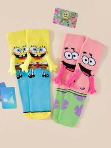1/2 Pair New Cute Cartoon SpongeBob Unique Magnetic Couple Socks, Japanese/Korean Style Mid-Calf Socks For Lovers & Best Friends, Spring/Autumn - Multicolor - View 2
