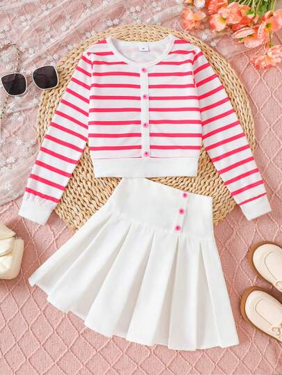 女童两件套：红白条纹长袖上衣，白色侧扣百褶裙，时尚日常穿搭