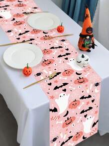 1 件 35*180 厘米粉色万圣节桌旗，可爱鬼魂、南瓜和蝙蝠设计涤纶桌旗，万圣节餐桌装饰，万圣节主题派对，厨房和家居装饰，室内和室外使用，节日餐桌装饰，万圣节派对用品