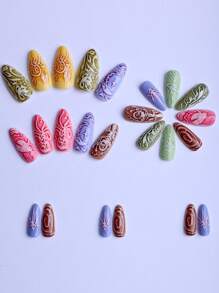 24 piezas de uñas postizas con relieve con diseños de insecto, rana, pulpo, sol y luna, dibujos en 3D y grafiti, uñas falsas creativas para salón de belleza para damas y niñas, uñas de acrílico de verano con pegamento de gelatina, 1 pieza de tira de frotado