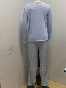 Mirano Slogan Print Short Sleeve Top & Cherry Pattern Long Pants Pajama Set - Blue - View 6