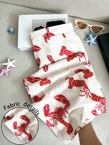 女士休闲虾印花美食图案长裤，舒适简约设计，适合度假、春夏穿着 - 杏色 - 查看 1