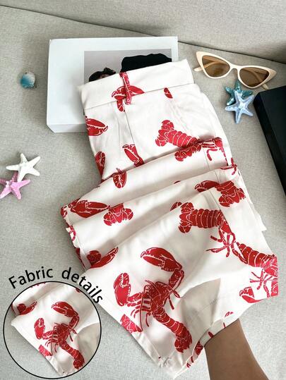 女士休闲虾印花美食图案长裤，舒适简约设计，适合度假、春夏穿着