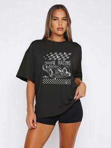 LOVE JOYY Women's T-Shirt With Shiny Rhinestone, Racing Element Letter Rhinestone Print T-Shirt, Bulinbulin Shiny Street Style T-Shirt, Casual Round Neck Short Sleeve T-Shirt, Fashion Everyday Wear, New Style - Black - View 2