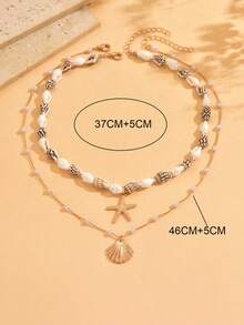 2件/套波西米亚风格时尚百搭金合金贝壳吊坠项链，女士串珠颈链，适合日常佩戴、度假、旅行、派对。贝壳的形状、大小和表面图案随机，不固定。手工链条上的珠子数量根据长度随机裁剪。