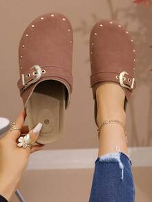 Women's Plus Size Slip-On Mule Slippers, Fashion Versatile Rivet Decor Flat Loafers, Fall, Autumn, Spring/Summer - Camel - View 3