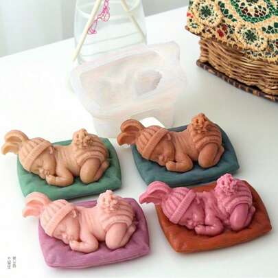 1 pieza Molde de silicona de bebé durmiendo lindo con orejas de conejo y gorro de punto - Silicona reutilizable de alta calidad, adecuado para regalos del Día de la Madre, velas aromáticas DIY, jabones hechos a mano, artesanías de resina, decoraciones de yeso - Fácil de limpiar y desmoldar, decoración de guardería, suministros para hacer jabón | Artesanías decorativas | Artesanía detallada