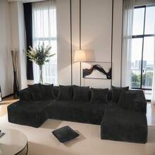 Boneless Couch,Modular U-Shaped Sectional Sofa,130-Inch 4-Seater Chaise Lounge With Reversible Design, Striped Corduroy Fabric In BLACK – Sectional Living Room Or Bedroom Couch, Freely Configurable Layout. - Đen + Polyester + Polyester + 4 chỗ ngồi - Xem 6