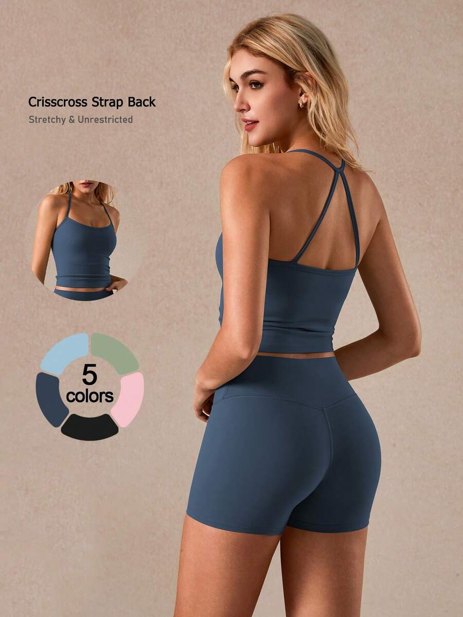 NcmRyu 1 Bộ đồ thể thao nữ gợi cảm liền mạch dây mảnh chéo và quần short, bộ đồ thể thao, thắt eo và nâng mông, mềm mại và thoải mái - Màu xanh lam - Xem 1