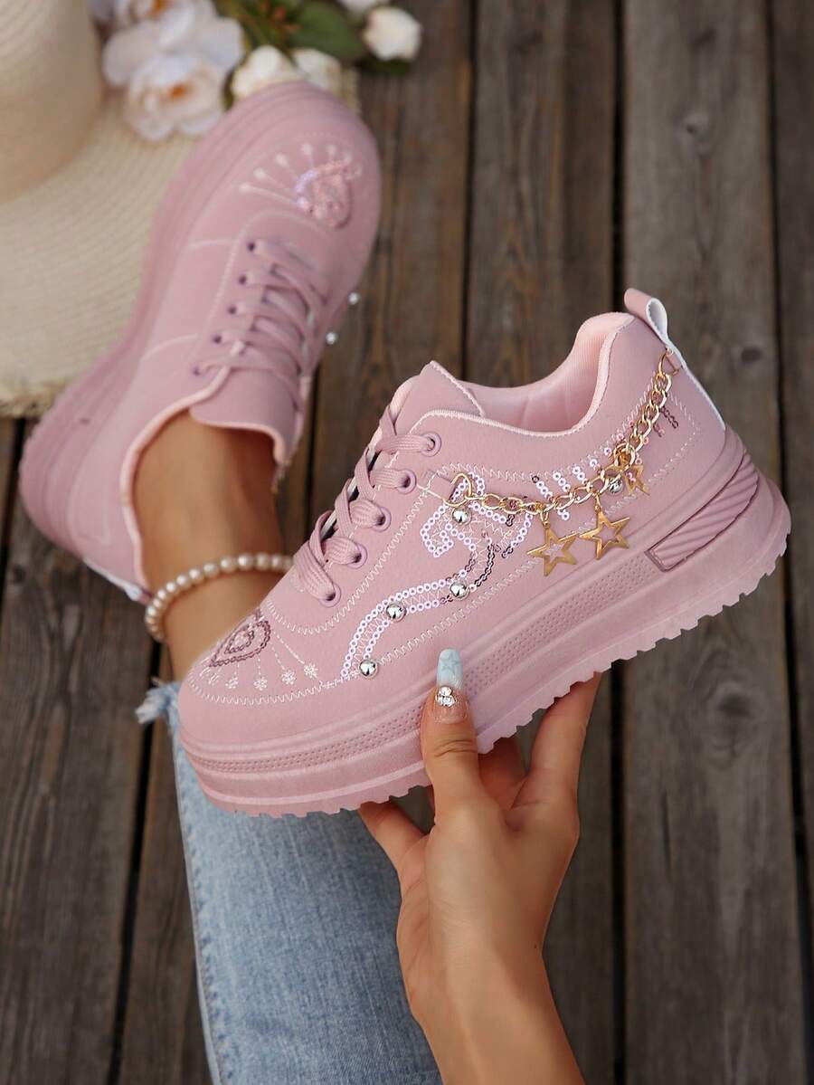2025 Spring/Autumn New Platform Sneakers For Women, Thick Sole Casual Chunky Sneakers, Rhinestone Hook And Loop High Heel Wedge Sneakers - Pink - View 1
