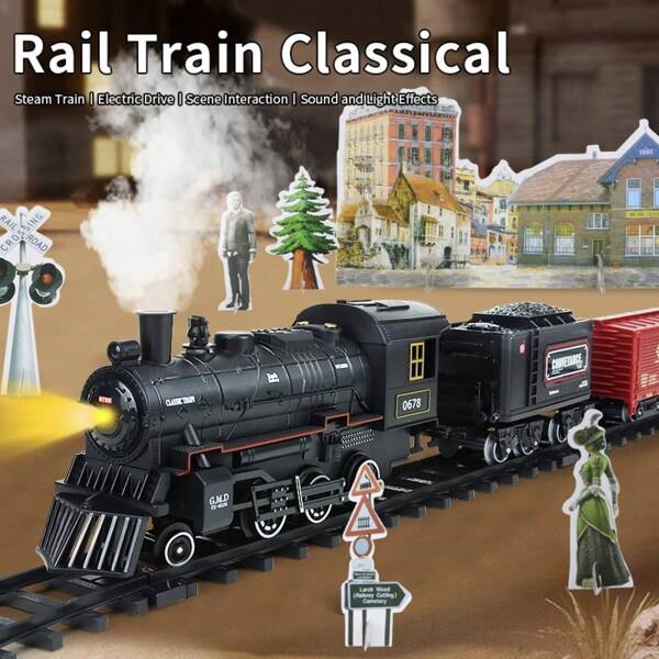 1 Set Boys' Vintage Electric Track Train, Simulation High-Speed Rail Parking Lot Children's Electric Mini Train Set, Vintage Steam Train Model Toy, Birthday Gift For Boys
