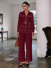 Sollinarry Women's Autumn New Seam Pocket Decor Long Sleeve Top And Pants Casual 2 Pieces Set, Vintage Style, Suitable For Teachers - Reddish Brown - View 3