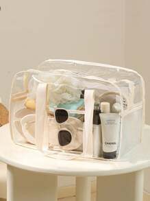 حقيبة شاطئ قطعة واحدة، حقيبة تخزين ملابس شفافة مقاومة للماء من البي في سي، حقيبة سفر كبيرة السعة محمولة للمكياج والعناية، باستثناء العناصر الموجودة داخل الحقيبة