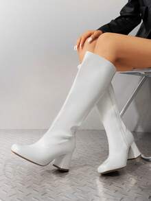 Women's Gogo Boots Wide Calf , Square Toe Chunky Side Zip Fashionable Knee High Boots For Women - 白色 - 查看 1