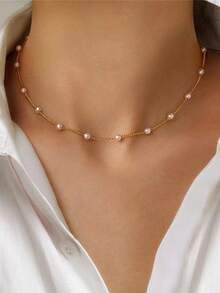 1 件新款时尚珍珠项链，简约颈链 - 金黃色 - 查看 1