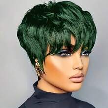 Brazilian Human Hair Pixie Wig - Glueless Short Layered Green Wig With Bangs For Women, Straight Cut, 150% Density, Versatile Style For All Ethnicities, Hair Wig - 綠色 - 查看 1