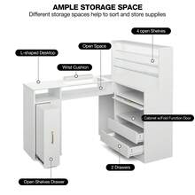 L型美甲桌，带置物架，玻璃桌面，耐丙酮，带储物抽屉、柜子、腕垫和金色把手。美甲桌、美甲台、沙龙设备、美甲桌、美甲师工作台、沙龙家具、美甲师工作台、便携式美甲桌、折叠式美甲桌、沙龙工作台、美甲桌、经济型美甲桌、美甲桌、美容院设备、美甲桌、美甲桌、美发沙龙设备、美甲桌、美甲沙龙家具、便携式美甲桌、美甲桌、美甲桌。 - 白色 - 查看 2