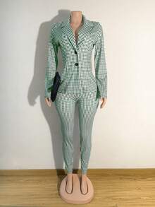 Women's Plaid Lapel NeckLong Sleeve Jacket And Pants Casual Suit Set