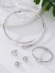 1 Set Fashionable Elegant High-End Geometric Alloy Bracelet, Ring, Necklace, Earrings Jewelry Set For Women, Suitable For Festivals, Parties, Dates, An Elegant Gift For Girlfriend - Gold - View 8
