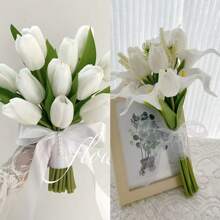 Bridesmaid Artificial Flower Bouquet For Wedding, White Tulip & Calla Lily Floral Arrangement, Bridal Bouquet, Wedding, Ceremony, Anniversary, Fake Flowers Spring Home Decor, Photography Props, Centerpiece, Party Table Decor, Holiday Decoration, Easter Gift, Birthday, Graduation