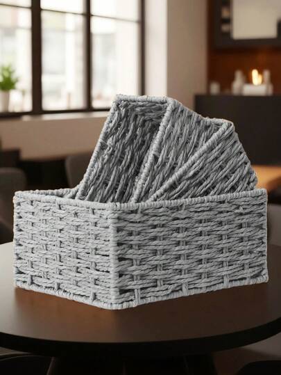1pc/3pcs Woven Storage Basket, Rattan Desk Organizer Tray For Cosmetics, Keys, Snacks, Home Decor, Living Room, Bedroom, Office, Handmade Wicker Basket, Ideal Gift (Gray)