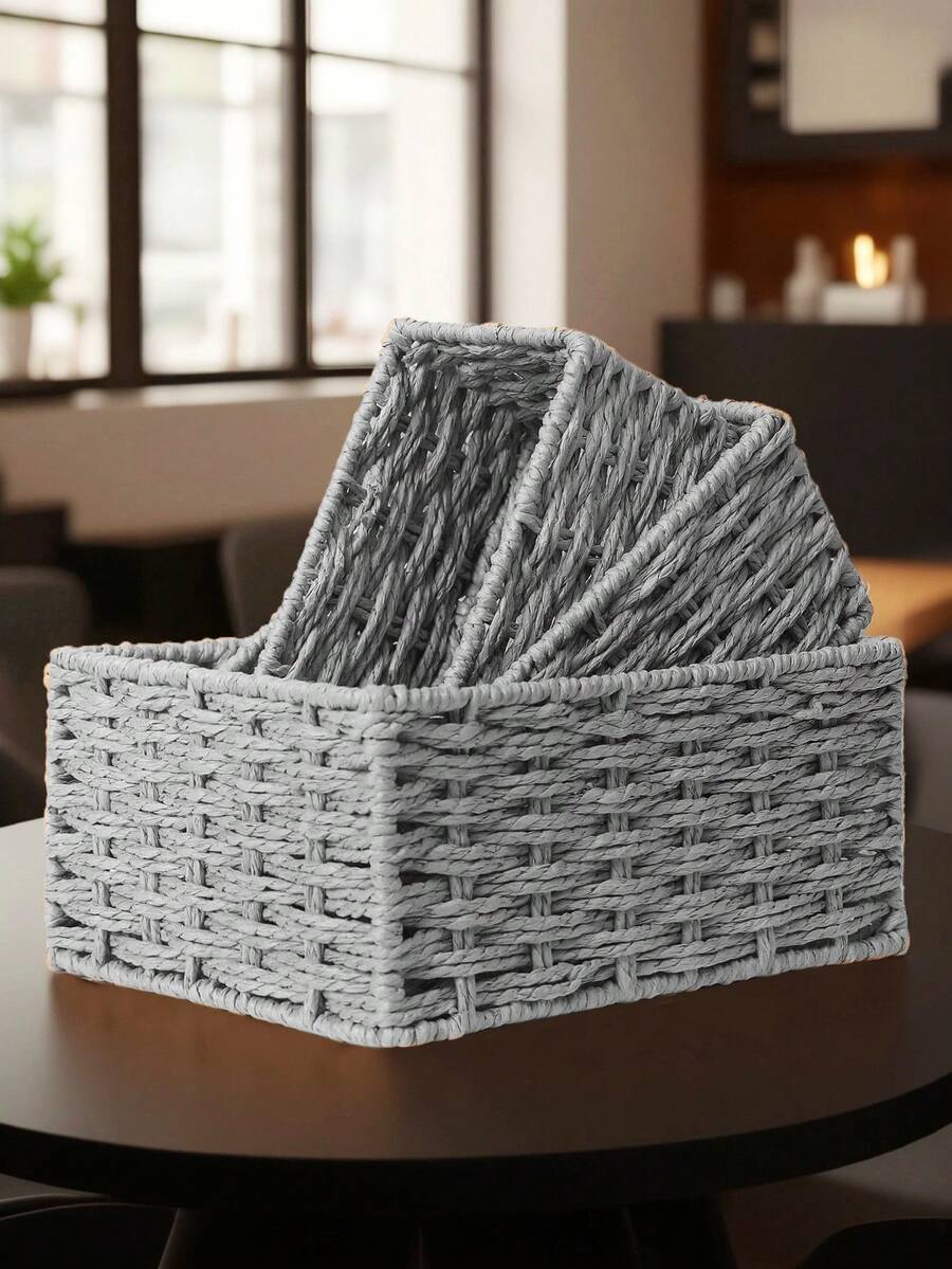 1pc/3pcs Woven Storage Basket, Rattan Desk Organizer Tray For Cosmetics, Keys, Snacks, Home Decor, Living Room, Bedroom, Office, Handmade Wicker Basket, Ideal Gift (Gray)