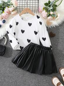 2pcs/Set Girls Fashion PU Leather Skirt Outfit, Streetwear Style Skirt + Heart Print Long Sleeve Top