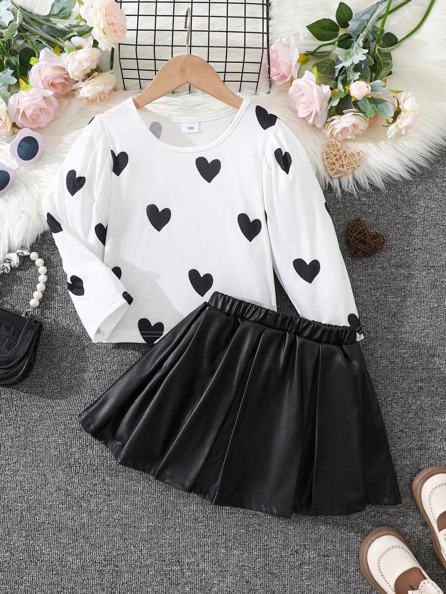 2pcs/Set Girls Fashion PU Leather Skirt Outfit, Streetwear Style Skirt + Heart Print Long Sleeve Top
