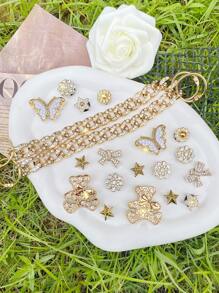 20pcs Gold Rhinestone Chain, Bear, Butterfly, Pentagram, Flower, Bow Shoe Decorative Detachable Vintage DIY Faux Pearl Flower Garden Shoe Accessories, Suitable For Holidays And Birthday Party Gifts - Gold - View 2