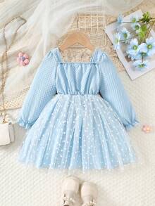 Girls Long Sleeve Dress, Textured Fabric, Mesh Patchwork, Floral Decor, Fits Age 4-7, Casual Style, Everyday Wear, Girls Autumn/Winter Dress - Blue - View 4