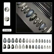 30Pcs Goth Press On Nails Medium Almond Fake Nails 3D Silver Alloy Chrome Glitter Design Y2k Glue On Nails Full Cover Glue On Nails Reusable Handmade Nails Black False Nails For Women Acrylic Nails