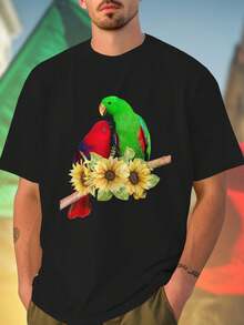 Maglietta DTF uomo Green and Red Parrots with Sunflowers on Branch moda estiva stampa colorata unica idea regalo originale vestibilità comoda casual  fashion