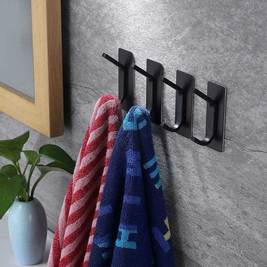 Timotech Ganchos Adhesivos para Pared, Ganchos de Baño, Gancho para Toallas, Ganchos Adhesivos de Pared para Toallas, Abrigo,, Toallas para Baño, Cocina, 4 unidades de Acero Inoxidable. (Negro) - Negro - Ver 1
