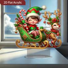 1pc 2D Flat Decorative Piece, Christmas Decor, Classic Fantasy Christmas Elf Sleigh And Reindeer Acrylic Desktop Decoration, 20cm Desktop Display Stand, Suitable For Home, Office And Shelf Decor, Holiday Fantasy Design, Perfect Christmas Gift And Holiday Decoration