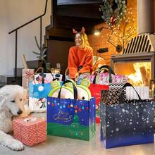 4/6/8/12pcs Reusable Foldable Woven Gift Bags With Handles - Featuring Santa Claus, Snowman And "Merry Christmas" Patterns, Suitable For Holiday Parties And Surprises, Christmas Gift Bags | Holiday Design | Collapsible Bags - Multicolor - View 7